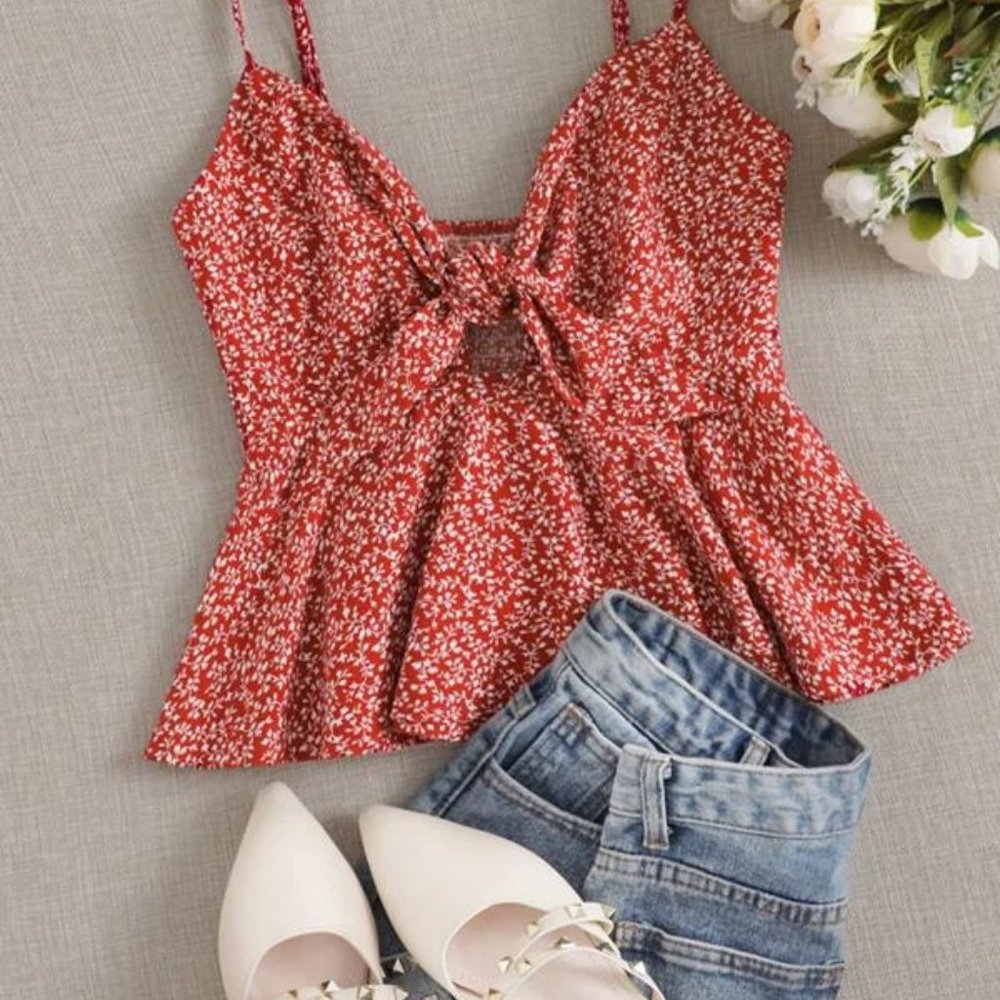 SHEIN Ditsy Floral Self-Tie Cami Peplum Top Size M